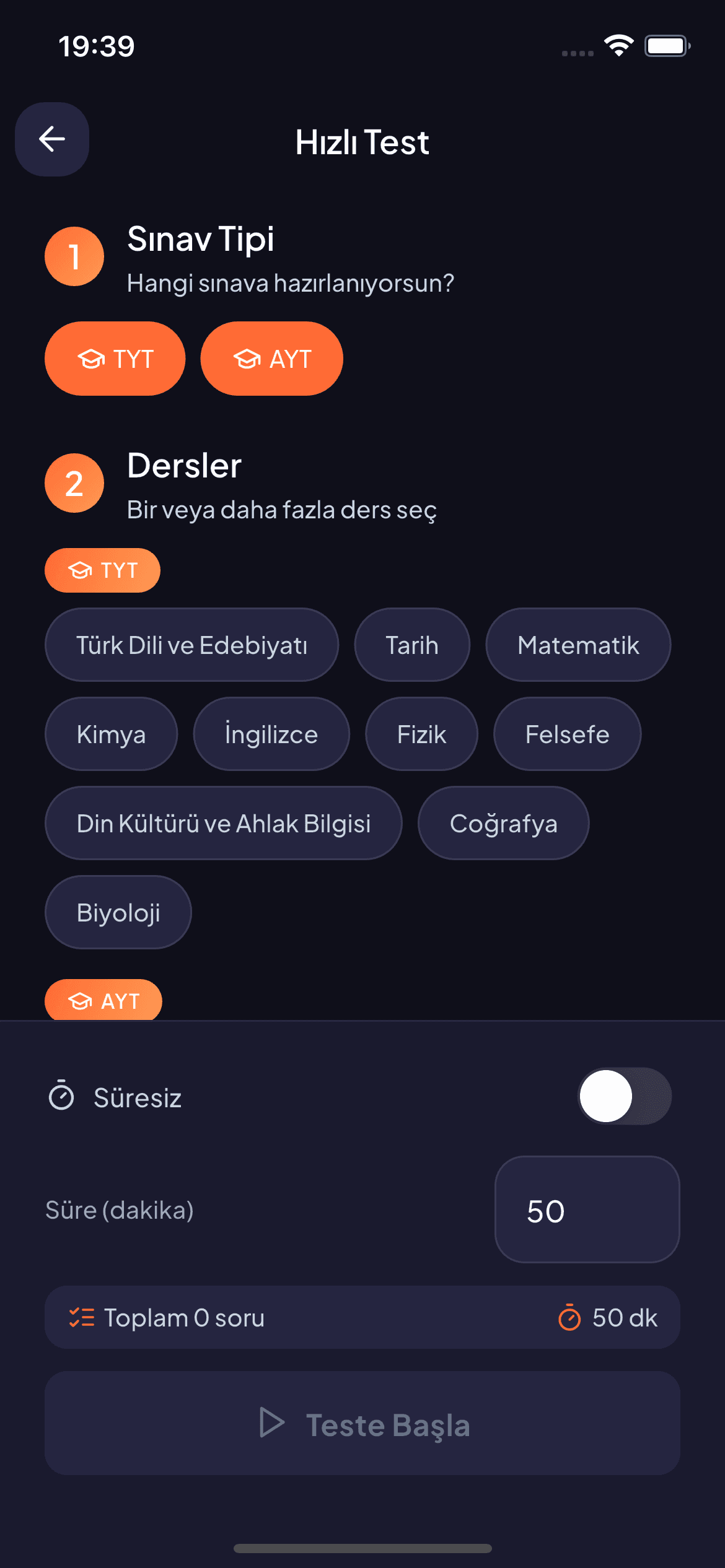 Hızlı test ekranı