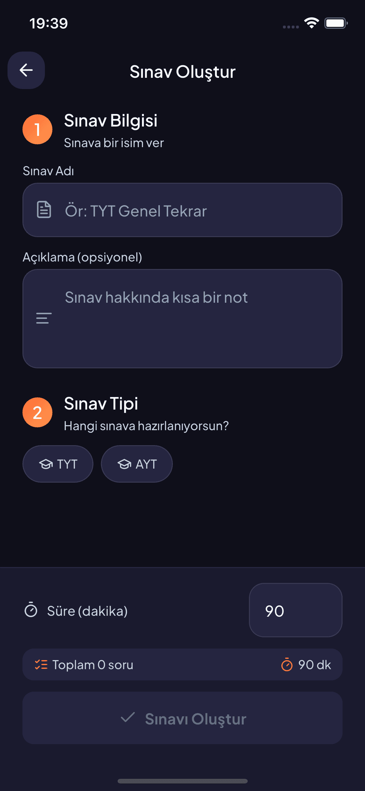 Sınav oluşturma ekranı