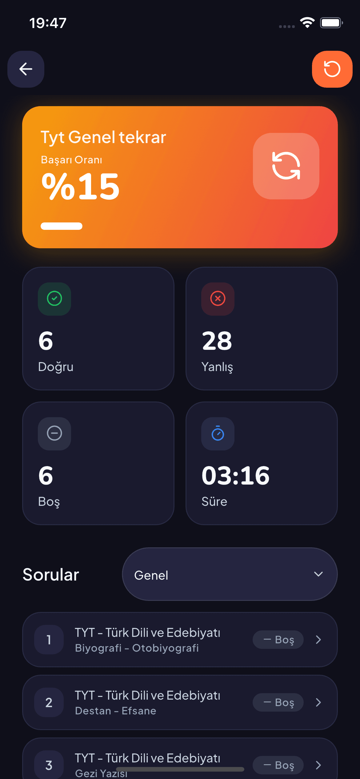 Sınav sonuç ekranı
