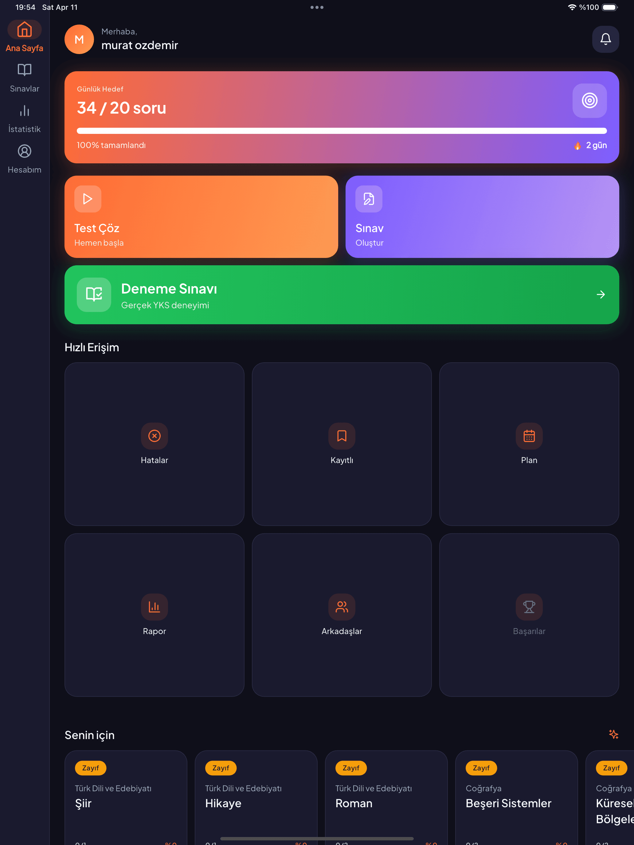 Benim Sınavım tablet ana sayfa